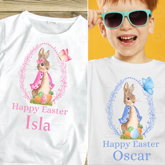 Easter T-shirts with Peter Rabbit and Flopsy. Choose Pink or Blue design.