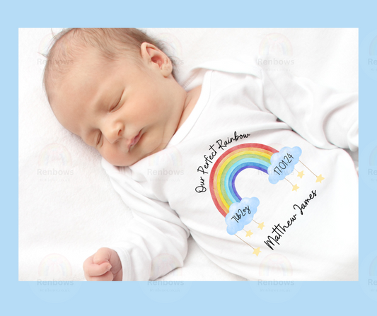 Personalised Rainbow Baby Rompersuit available with blue or pink.