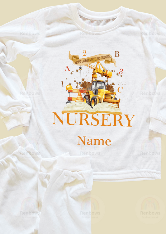 When I wake up, i will start Nursery. Construction PJs. Personalised.