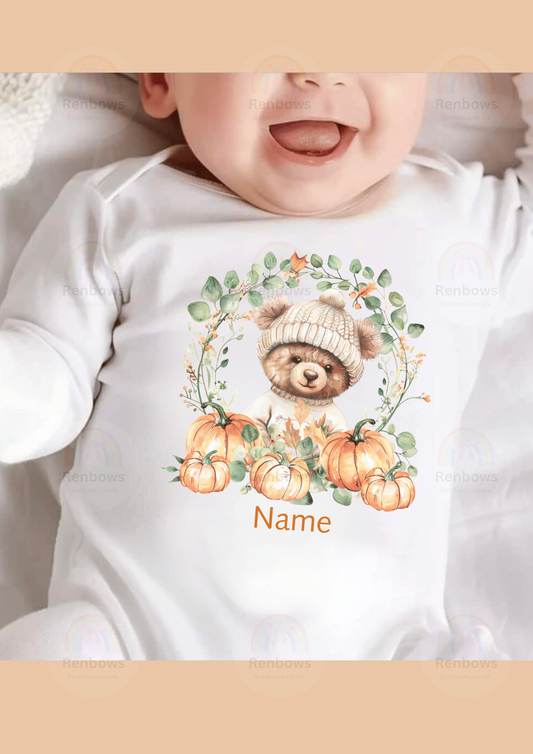 Pumpkin theme Sleepsuit. Perfect for Halloween. Personalised