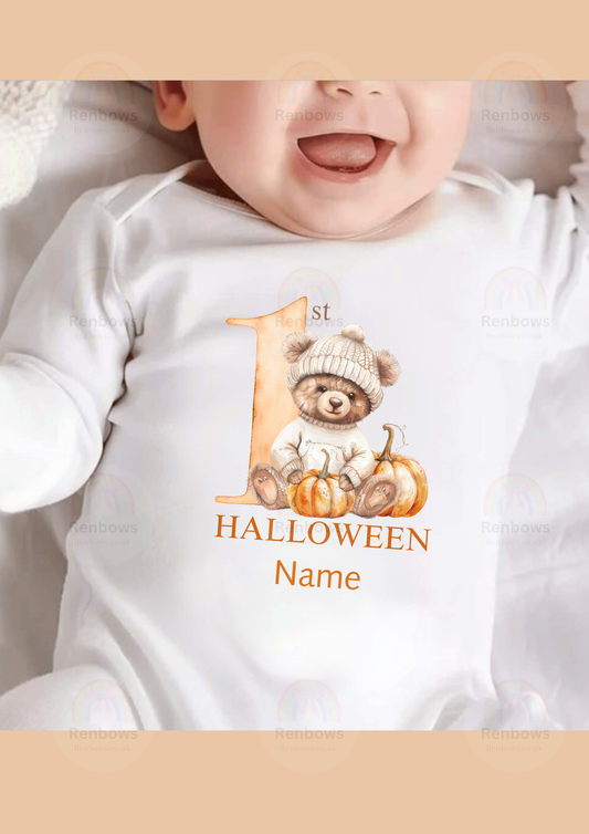 Pumpkin theme Sleepsuit with Teddy. 1st Halloween. Personalised