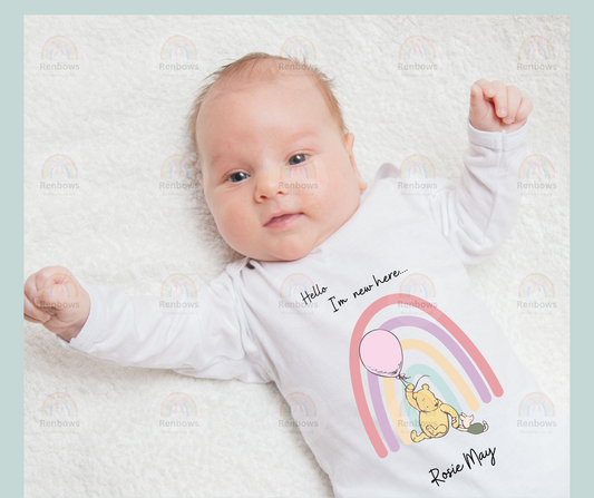 Personalised New baby sleepsuit with Pooh Bear