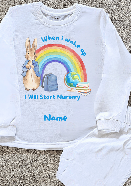 'When I wake up, i will be starting Nursery' Peter Rabbit theme PJs