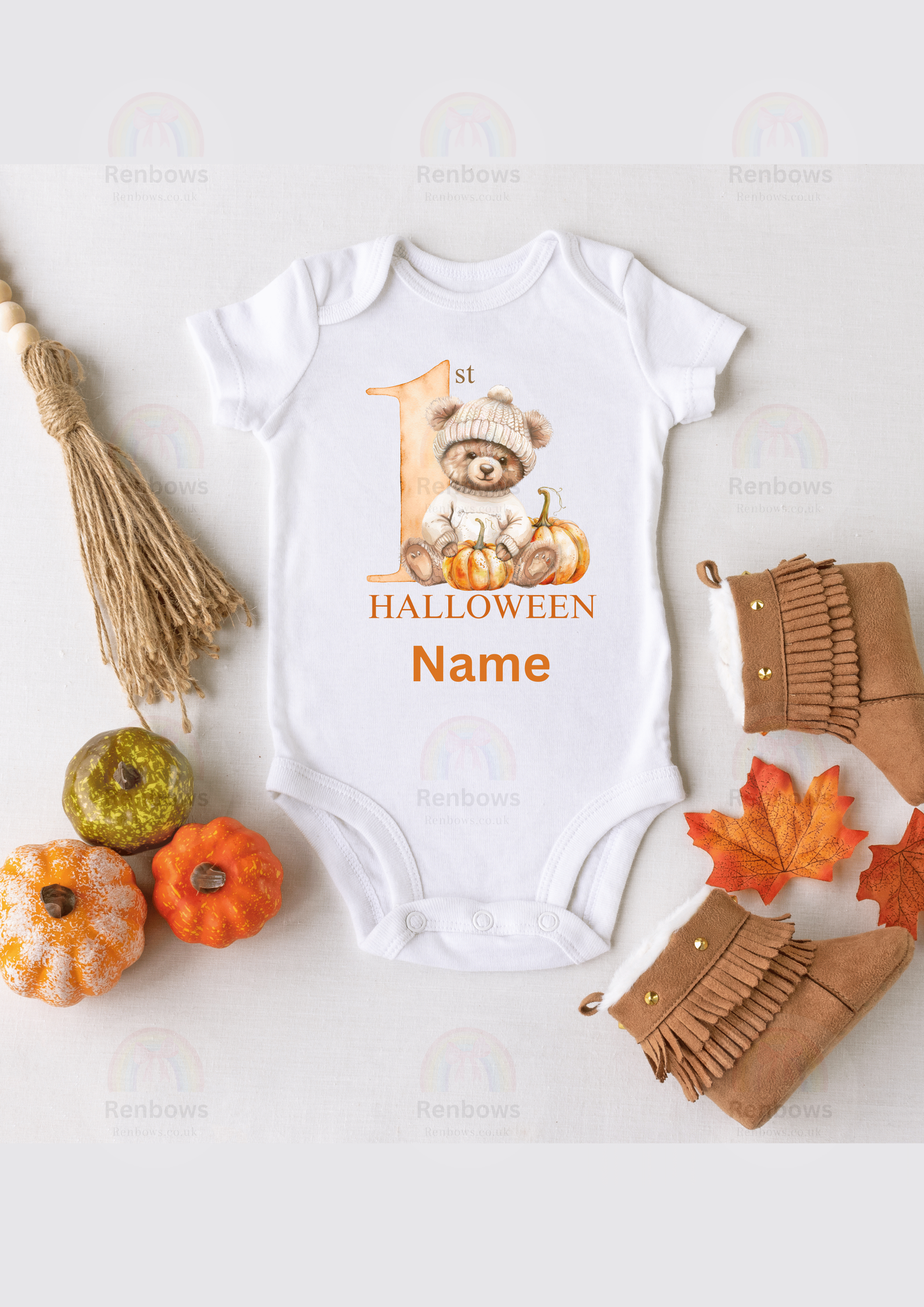 Pumpkin theme Vest with Teddy. 1st Halloween. Personalised