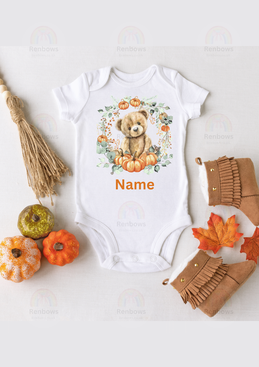 Pumpkin theme Vest with Teddy. Personalised