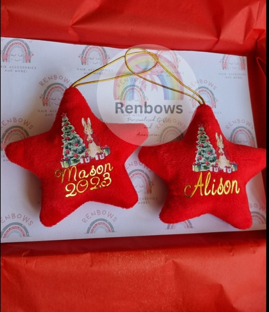 Red Peter Rabbit Star Decorations; Personalised