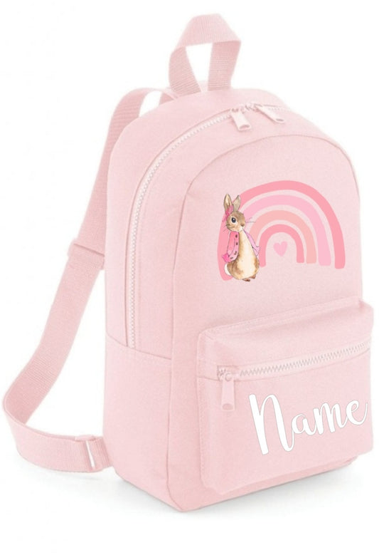 Personalised Flopsy Rabbit Rainbow Mini Backpack in pink