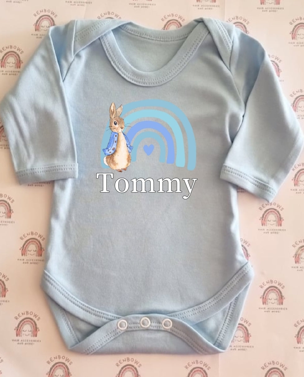 Personalised bodysuit/Vest blue Peter Rabbit Rainbow